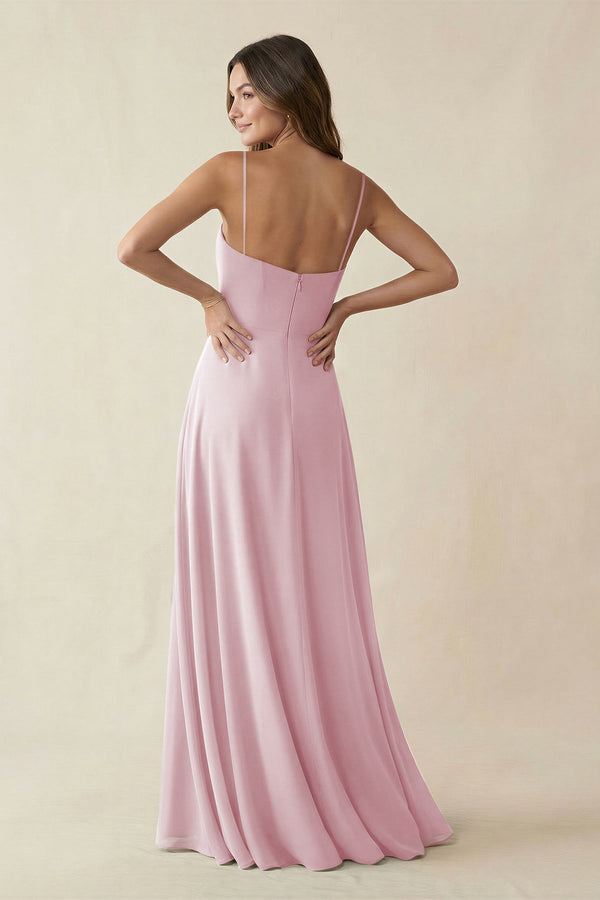 Spaghetti Strap A - Line Chiffon Maxi Bridesmaid Dress in Candy Pink - SHE IS ME Bridesmaid Dresses