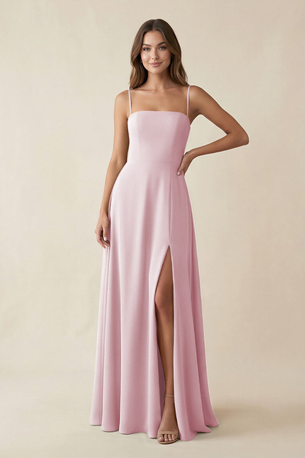 Spaghetti Strap A - Line Chiffon Maxi Bridesmaid Dress in Candy Pink - KISS BRIDAL Bridesmaid Dresses