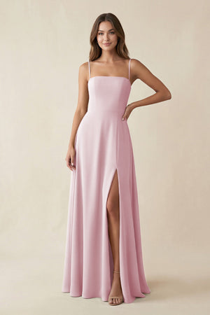 Spaghetti Strap A - Line Chiffon Maxi Bridesmaid Dress in Candy Pink - SHE IS ME Bridesmaid Dresses