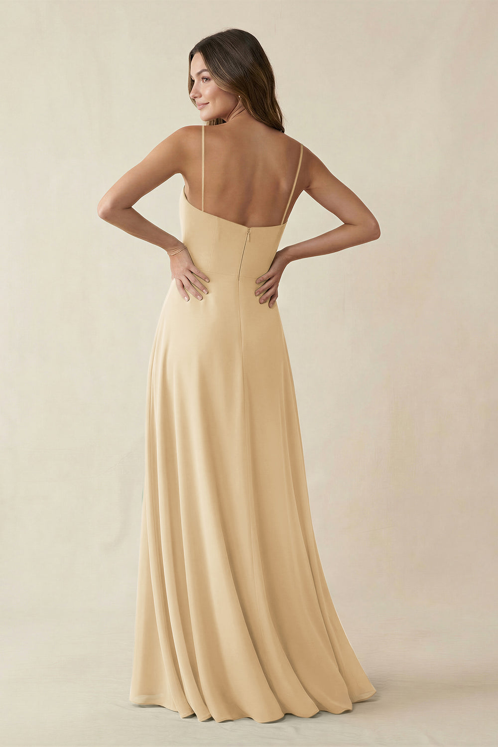 Spaghetti Strap A-Line Chiffon Maxi Bridesmaid Dress in Champagne