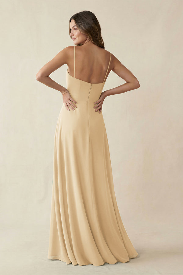 Spaghetti Strap A-Line Chiffon Maxi Bridesmaid Dress in Champagne (2) | KISSBRIDAL