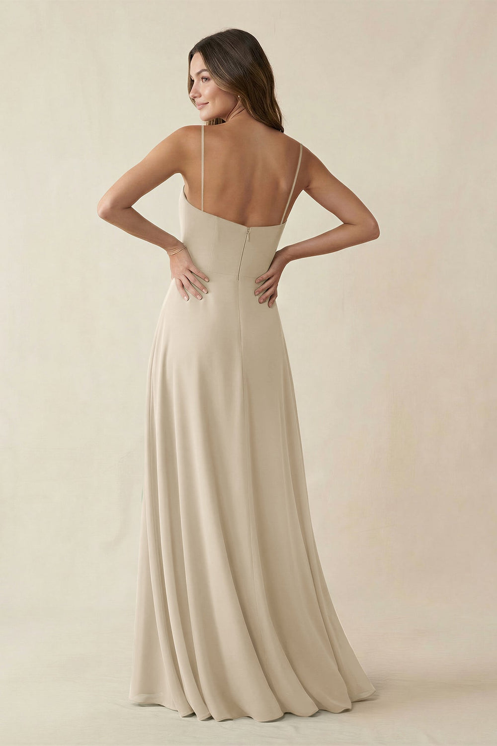 Spaghetti Strap A - Line Chiffon Maxi Bridesmaid Dress in Champagne - KISS BRIDAL Bridesmaid Dresses
