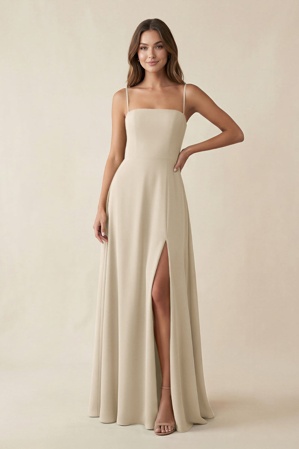 Spaghetti Strap A - Line Chiffon Maxi Bridesmaid Dress in Champagne - KISS BRIDAL Bridesmaid Dresses
