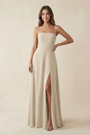 Spaghetti Strap A - Line Chiffon Maxi Bridesmaid Dress in Champagne - SHE IS ME Bridesmaid Dresses