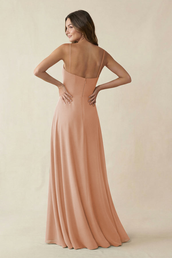 Spaghetti Strap A - Line Chiffon Maxi Bridesmaid Dress in Champagne Rose - SHE IS ME Bridesmaid Dresses