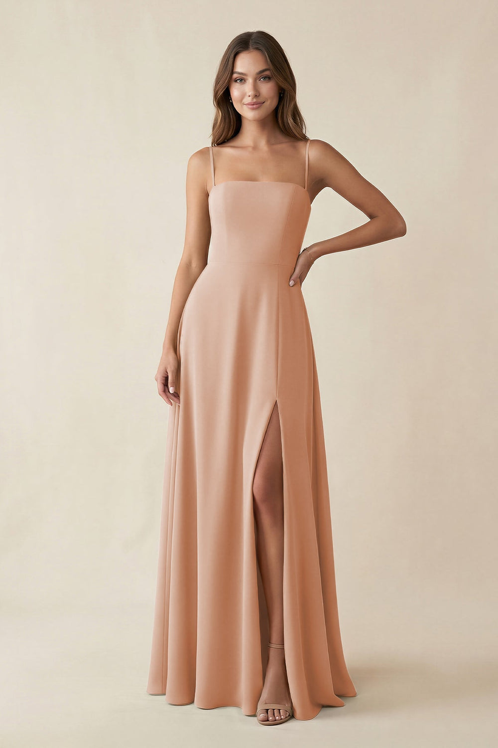 Spaghetti Strap A - Line Chiffon Maxi Bridesmaid Dress in Champagne Rose - KISS BRIDAL Bridesmaid Dresses
