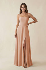 Spaghetti Strap A - Line Chiffon Maxi Bridesmaid Dress in Champagne Rose - KISS BRIDAL Bridesmaid Dresses