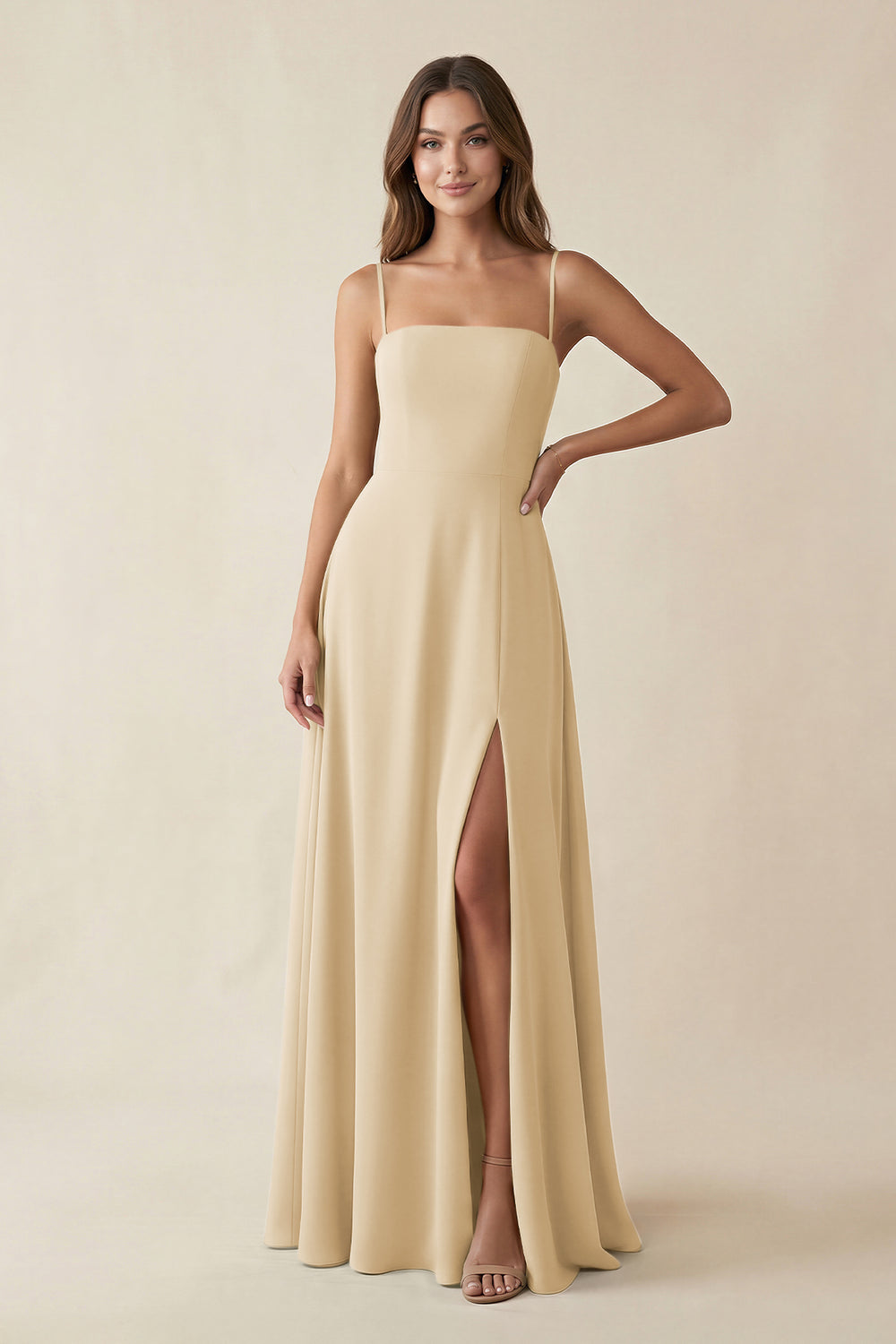 Spaghetti Strap A-Line Chiffon Maxi Bridesmaid Dress in Champagne