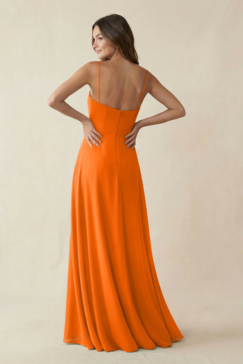 Spaghetti Strap A - Line Chiffon Maxi Bridesmaid Dress in Cinnamon - KISS BRIDAL Bridesmaid Dresses