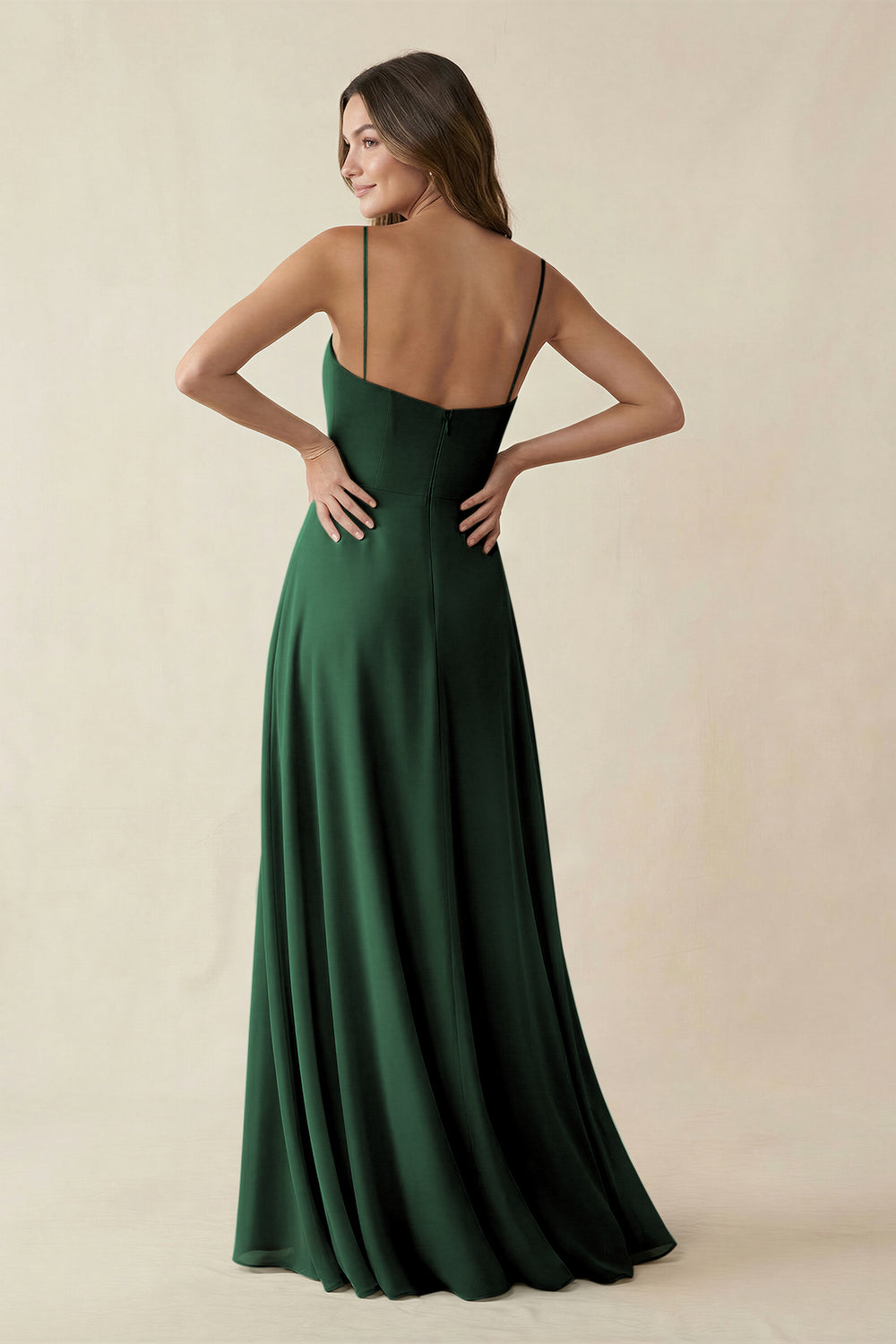 Spaghetti Strap A-Line Chiffon Maxi Bridesmaid Dress in Dark Green