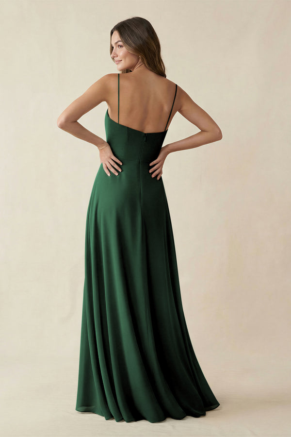 Spaghetti Strap A-Line Chiffon Maxi Bridesmaid Dress in Dark Green (2) | KISSBRIDAL