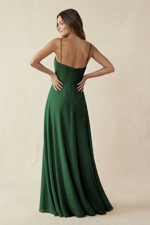 Spaghetti Strap A - Line Chiffon Maxi Bridesmaid Dress in Dark Green - SHE IS ME Bridesmaid Dresses