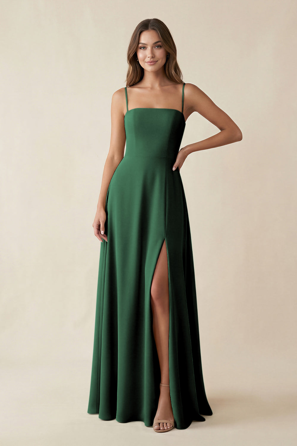 Spaghetti Strap A-Line Chiffon Maxi Bridesmaid Dress in Dark Green