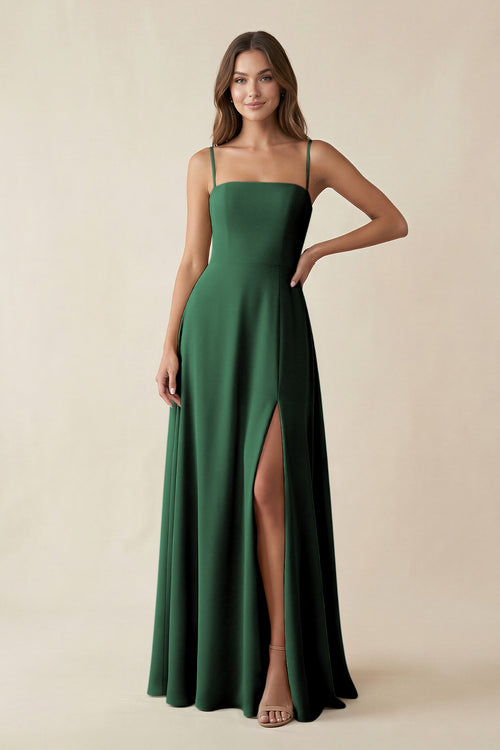 Spaghetti Strap A-Line Chiffon Maxi Bridesmaid Dress in Dark Green | KISSBRIDAL