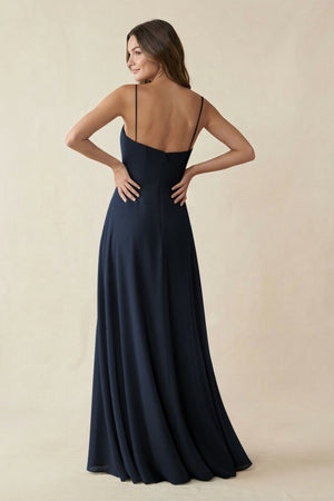 Spaghetti Strap A - Line Chiffon Maxi Bridesmaid Dress in Dark Navy - SHE IS ME Bridesmaid Dresses