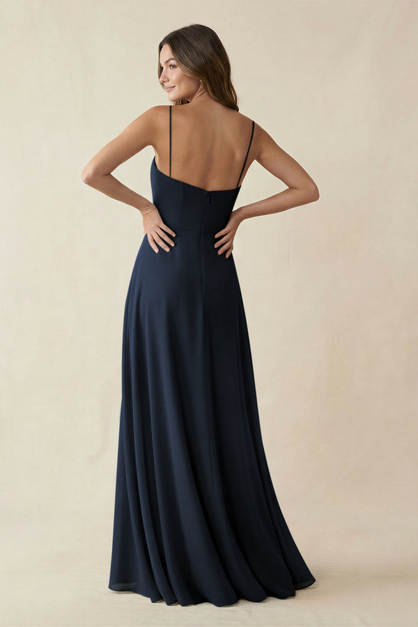 Spaghetti Strap A - Line Chiffon Maxi Bridesmaid Dress in Dark Navy - SHE IS ME Bridesmaid Dresses