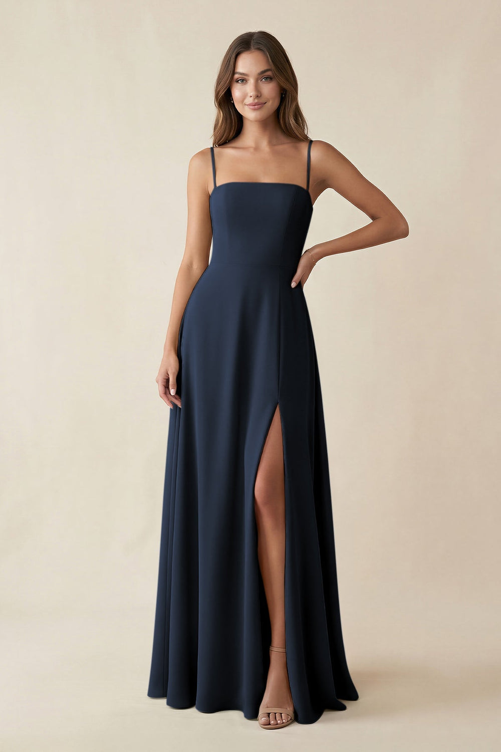 Spaghetti Strap A - Line Chiffon Maxi Bridesmaid Dress in Dark Navy - KISS BRIDAL Bridesmaid Dresses