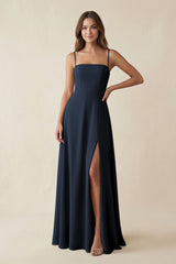 Spaghetti Strap A - Line Chiffon Maxi Bridesmaid Dress in Dark Navy - KISS BRIDAL Bridesmaid Dresses