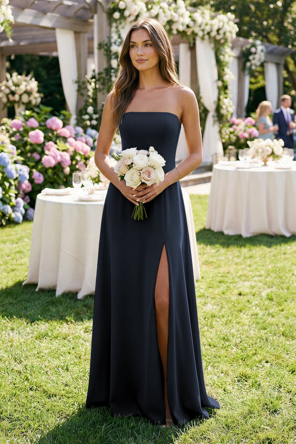 Spaghetti Strap A - Line Chiffon Maxi Bridesmaid Dress in Dark Navy - SHE IS ME Bridesmaid Dresses