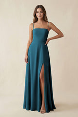 Spaghetti Strap A - Line Chiffon Maxi Bridesmaid Dress in Dark Teal - KISS BRIDAL Bridesmaid Dresses