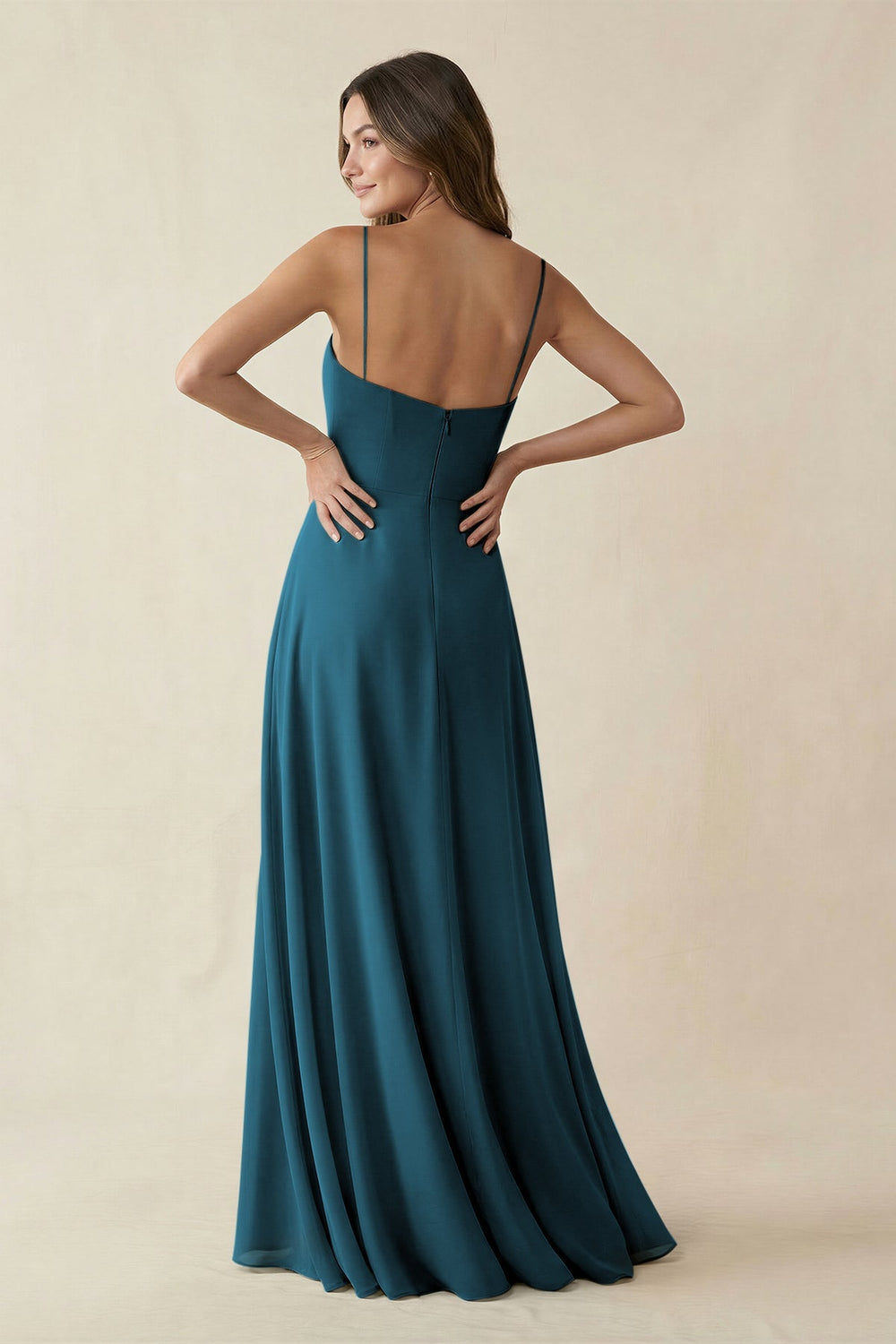 Spaghetti Strap A - Line Chiffon Maxi Bridesmaid Dress in Dark Teal - KISS BRIDAL Bridesmaid Dresses