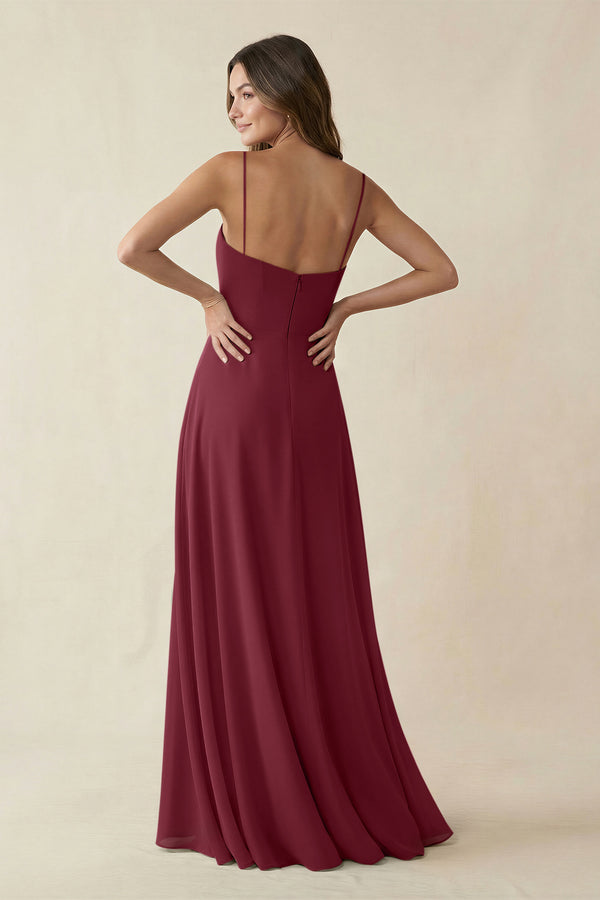 Spaghetti Strap A-Line Chiffon Maxi Bridesmaid Dress in Desert Rose (2) | KISSBRIDAL