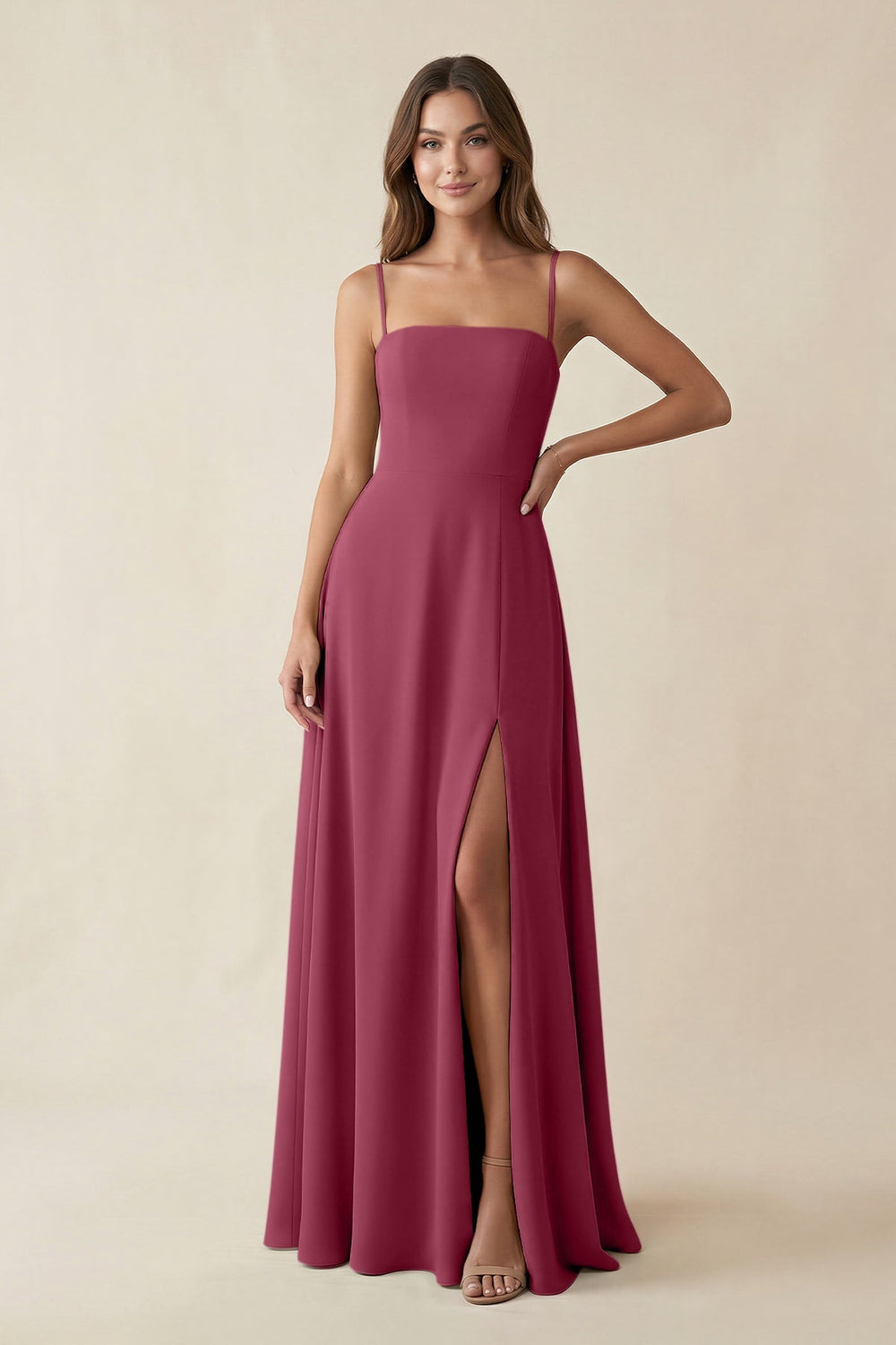 Spaghetti Strap A - Line Chiffon Maxi Bridesmaid Dress in Desert Rose - KISS BRIDAL Bridesmaid Dresses