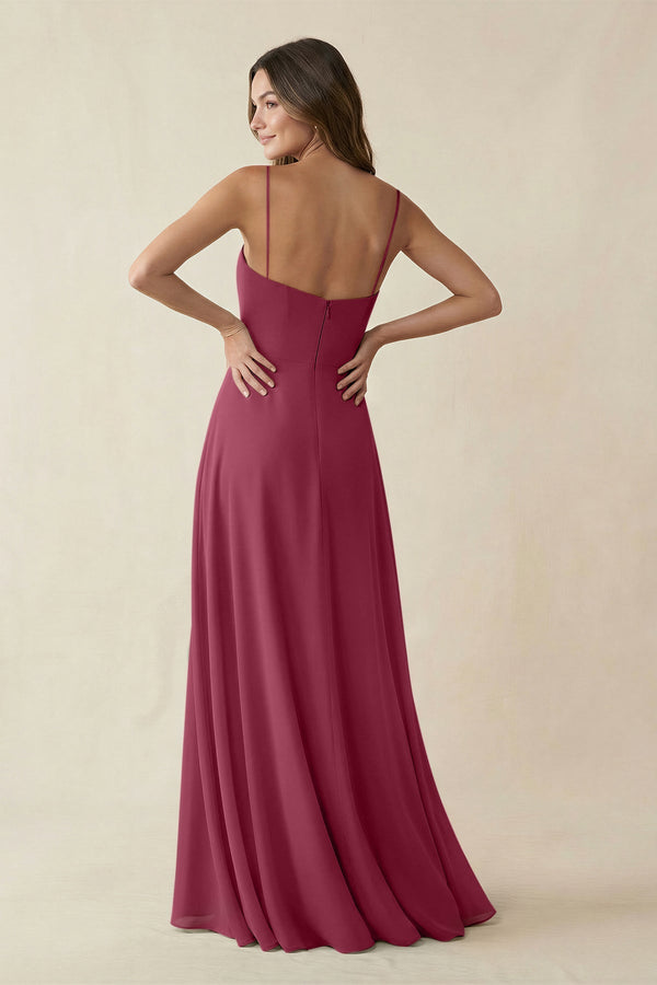 Spaghetti Strap A - Line Chiffon Maxi Bridesmaid Dress in Desert Rose - SHE IS ME Bridesmaid Dresses