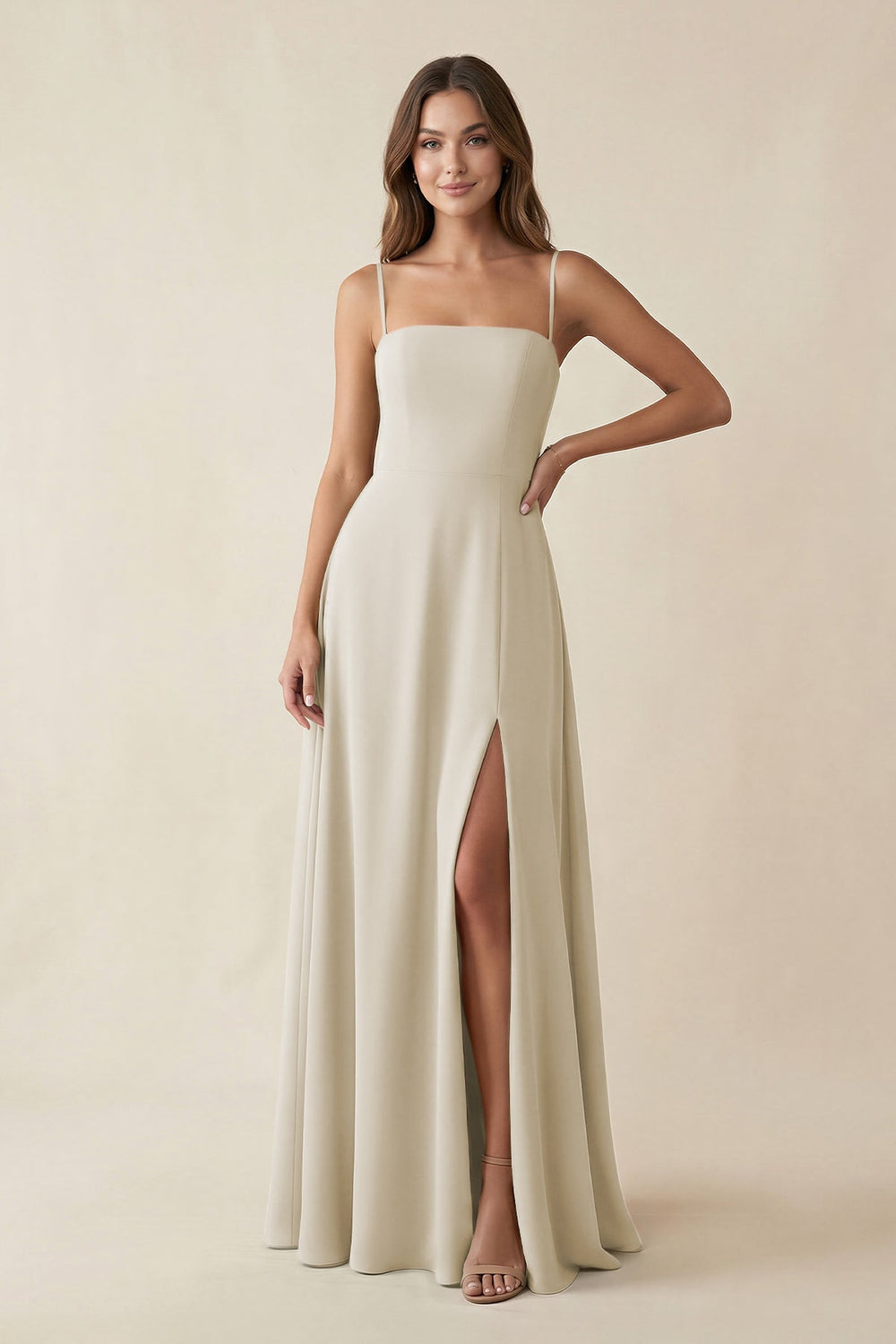 Spaghetti Strap A - Line Chiffon Maxi Bridesmaid Dress in Dove Gray - KISS BRIDAL Bridesmaid Dresses
