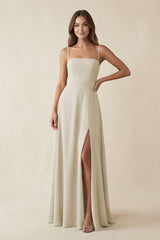 Spaghetti Strap A - Line Chiffon Maxi Bridesmaid Dress in Dove Gray - KISS BRIDAL Bridesmaid Dresses
