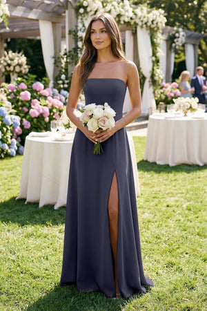 Spaghetti Strap A - Line Chiffon Maxi Bridesmaid Dress in Dusk Blue - SHE IS ME Bridesmaid Dresses