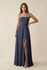 Spaghetti Strap A - Line Chiffon Maxi Bridesmaid Dress in Dusk Blue - KISS BRIDAL Bridesmaid Dresses