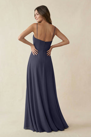 Spaghetti Strap A - Line Chiffon Maxi Bridesmaid Dress in Dusk Blue - SHE IS ME Bridesmaid Dresses