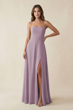 Spaghetti Strap A-Line Chiffon Maxi Bridesmaid Dress in Dusk | KISSBRIDAL