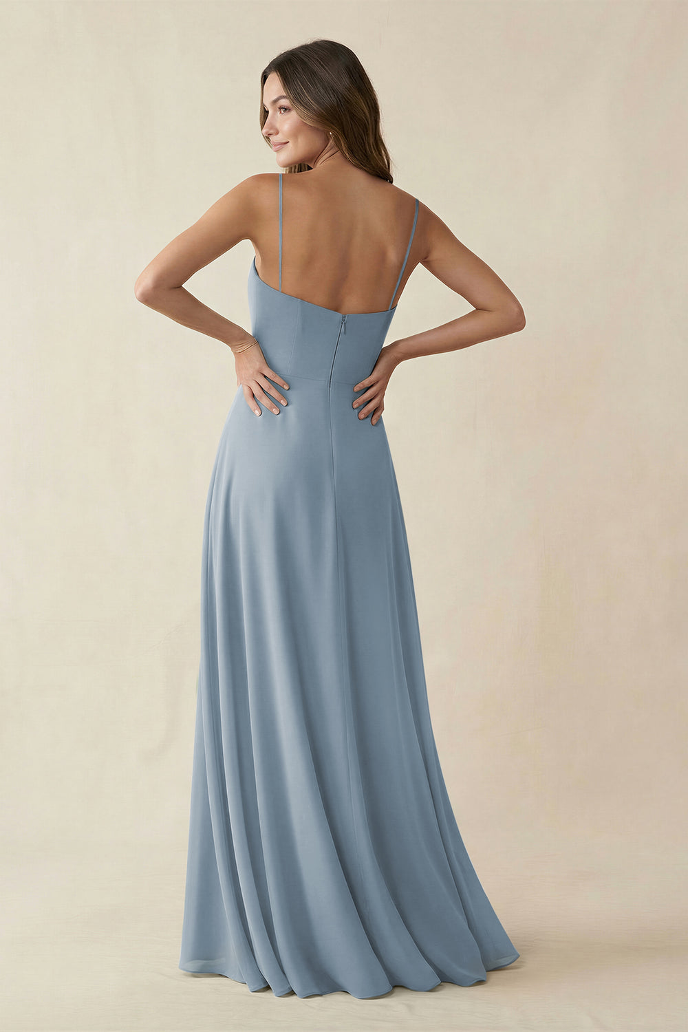 Spaghetti Strap A-Line Chiffon Maxi Bridesmaid Dress in Dusty Blue