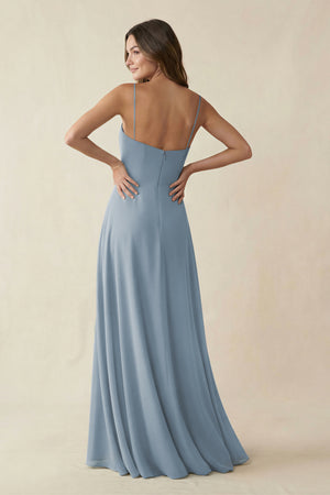 Spaghetti Strap A-Line Chiffon Maxi Bridesmaid Dress in Dusty Blue (2) | KISSBRIDAL