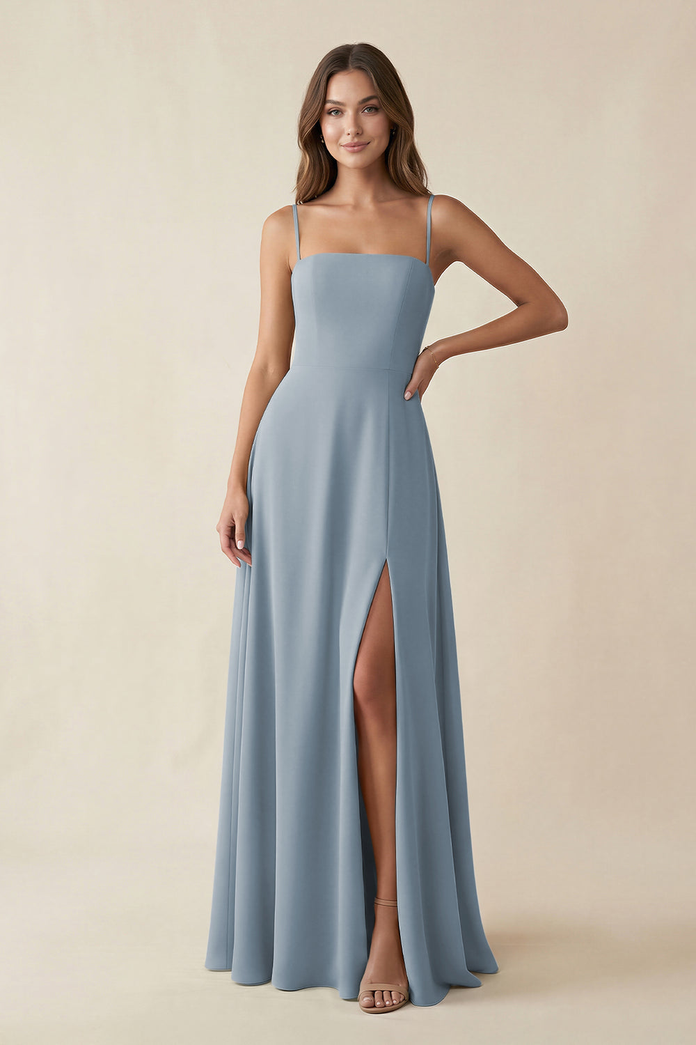 Spaghetti Strap A-Line Chiffon Maxi Bridesmaid Dress in Dusty Blue