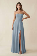 Spaghetti Strap A-Line Chiffon Maxi Bridesmaid Dress in Dusty Blue | KISSBRIDAL