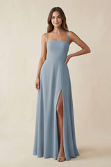 Spaghetti Strap A-Line Chiffon Maxi Bridesmaid Dress in Dusty Blue | KISSBRIDAL