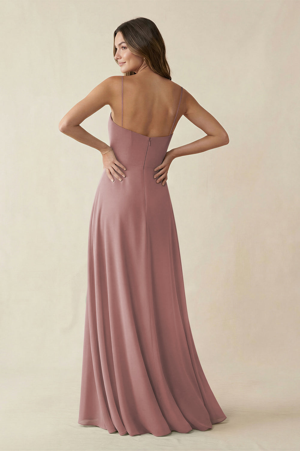 Spaghetti Strap A-Line Chiffon Maxi Bridesmaid Dress in Dusty Rose