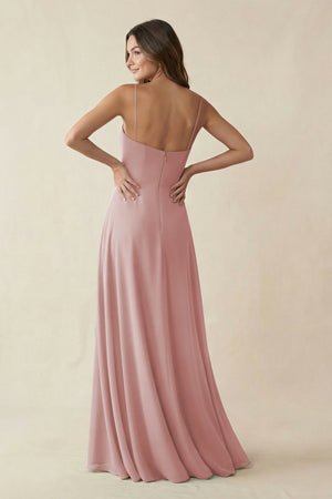 Spaghetti Strap A - Line Chiffon Maxi Bridesmaid Dress in Dusty Rose - SHE IS ME Bridesmaid Dresses