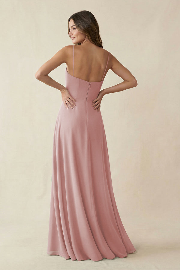 Spaghetti Strap A - Line Chiffon Maxi Bridesmaid Dress in Dusty Rose - SHE IS ME Bridesmaid Dresses