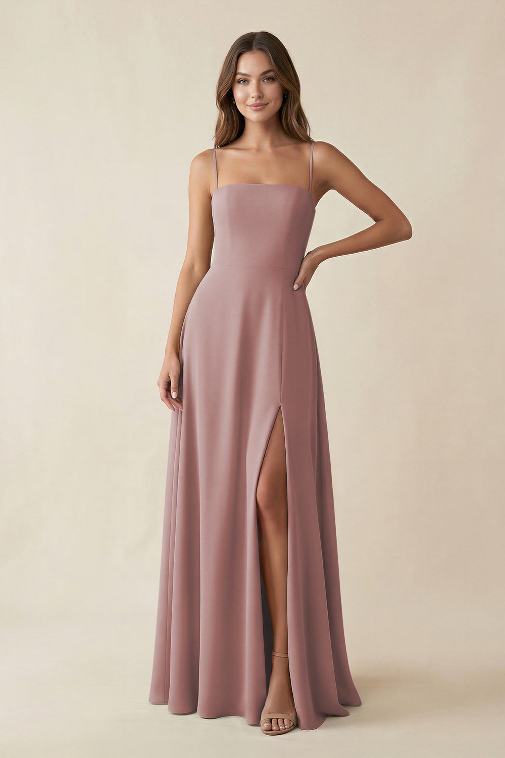 Spaghetti Strap A-Line Chiffon Maxi Bridesmaid Dress in Dusty Rose