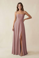Spaghetti Strap A-Line Chiffon Maxi Bridesmaid Dress in Dusty Rose | KISSBRIDAL