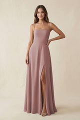 Spaghetti Strap A-Line Chiffon Maxi Bridesmaid Dress in Dusty Rose | KISSBRIDAL