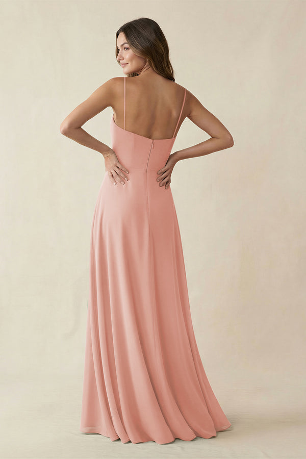 Spaghetti Strap A-Line Chiffon Maxi Bridesmaid Dress in English Rose (2) | KISSBRIDAL