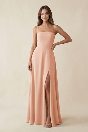 Spaghetti Strap A - Line Chiffon Maxi Bridesmaid Dress in English Rose - SHE IS ME Bridesmaid Dresses