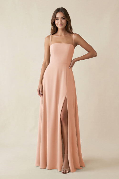 Spaghetti Strap A - Line Chiffon Maxi Bridesmaid Dress in English Rose - SHE IS ME Bridesmaid Dresses