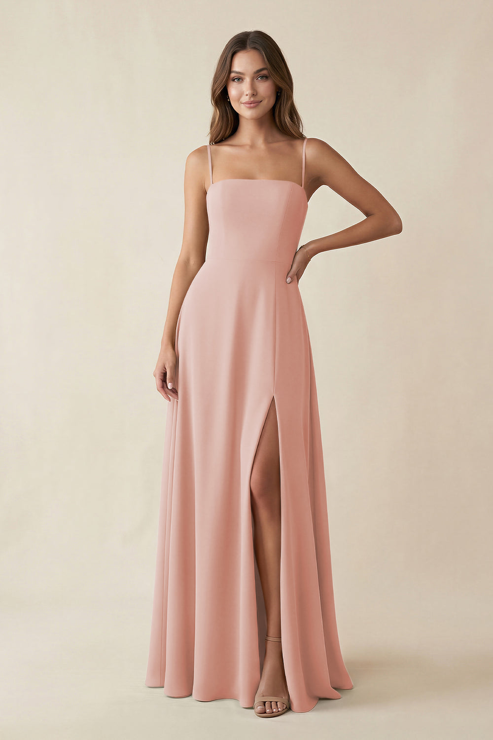 Spaghetti Strap A-Line Chiffon Maxi Bridesmaid Dress in English Rose