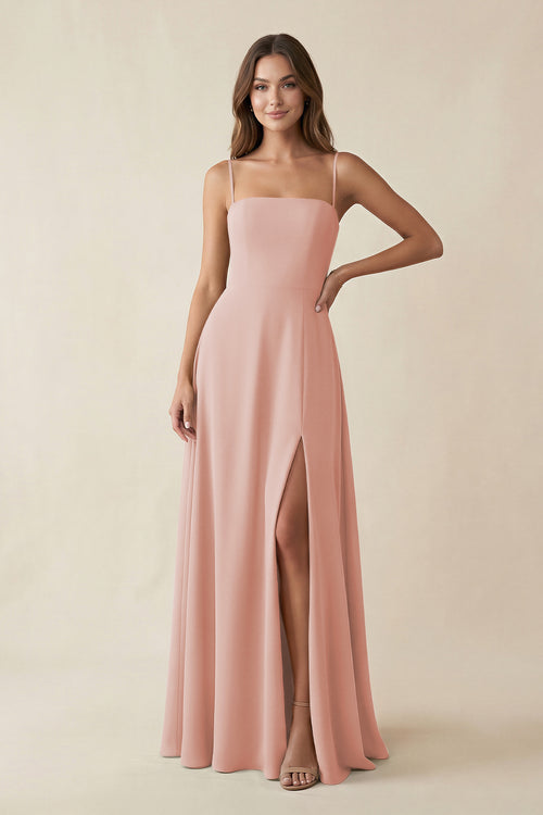 Spaghetti Strap A-Line Chiffon Maxi Bridesmaid Dress in English Rose | KISSBRIDAL